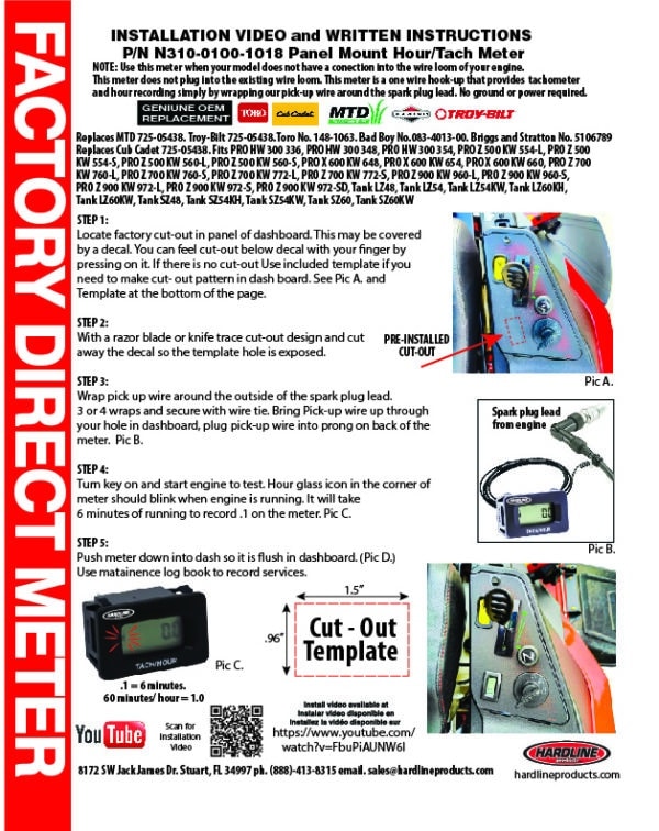 Toro Hour Tachometer for also fits MTD, Bad Boy, Cub Cadet, Troy-Bilt Briggs and Stratton. Digital Hour/Tach Meter