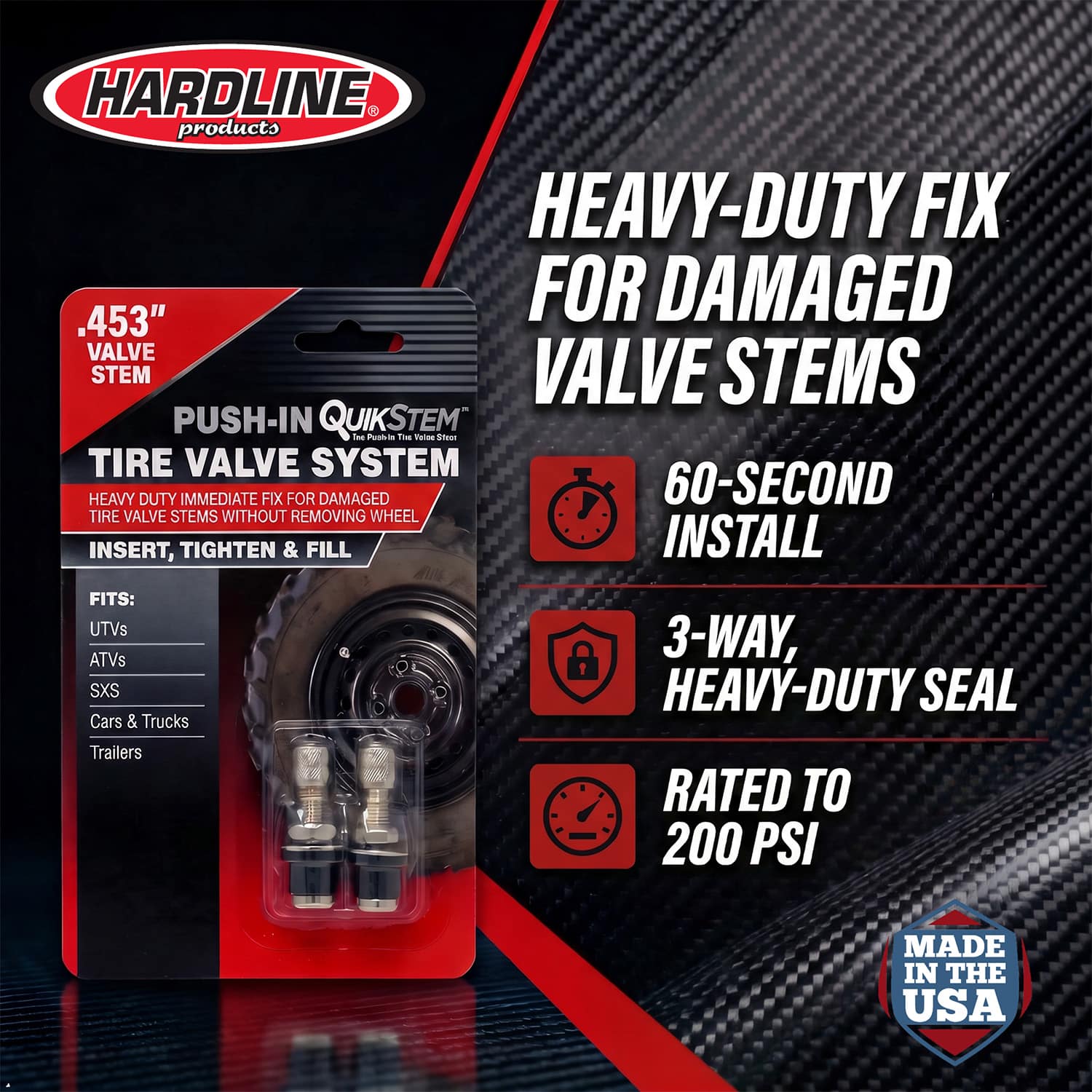 Made in the USA QuikStem™ Push-In Tire Valve Stem System