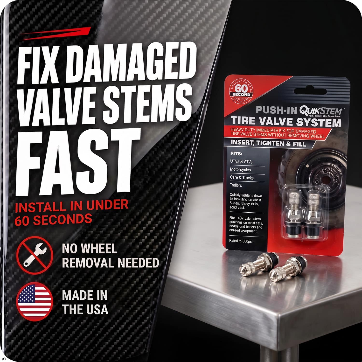 Made in the USA QuikStem™ Push-In Tire Valve Stem System